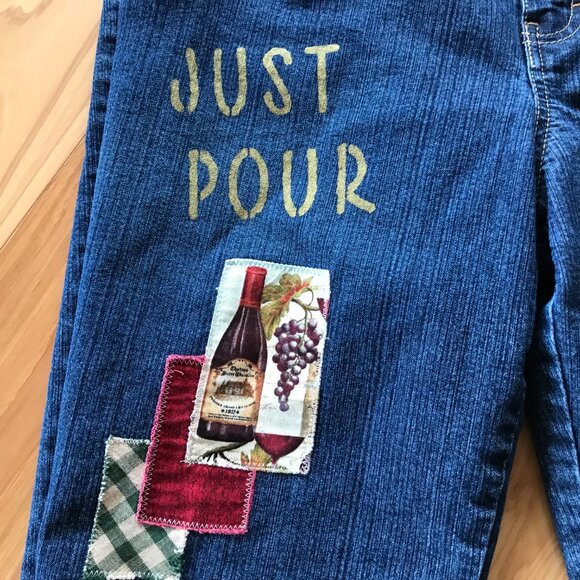 Upcycled Gloria Vanderbilt Patchwork Denim Capris Shorts, Painted Wine Theme, 14 - Picture 12 of 14